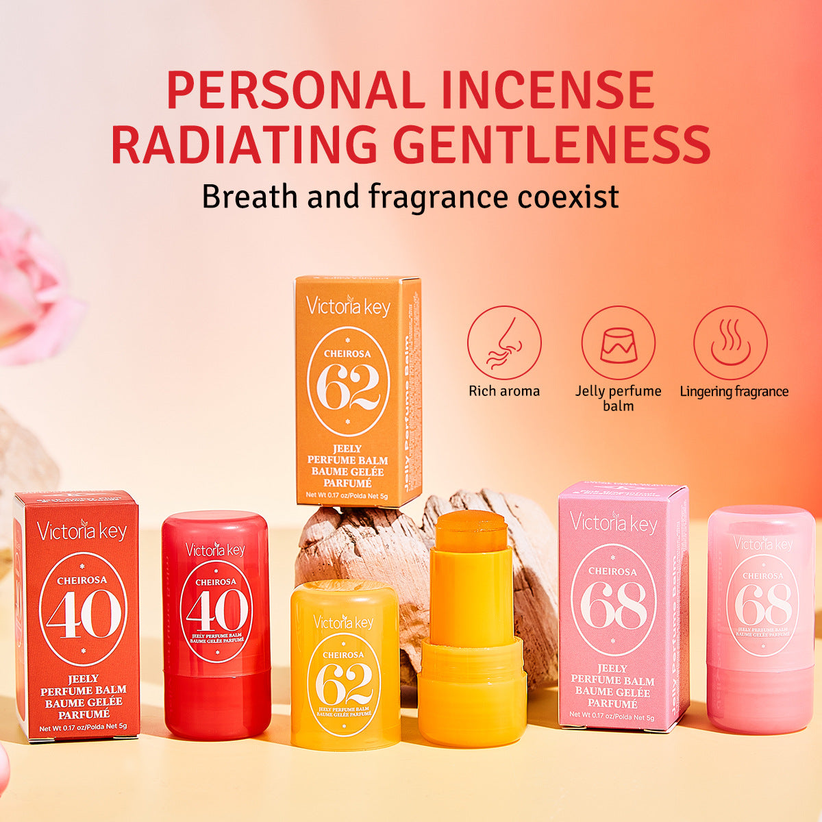 Victoria Key personal incense balm set with red, yellow, and pink sticks and boxes, displayed with promotional text and icons on a peach gradient background.